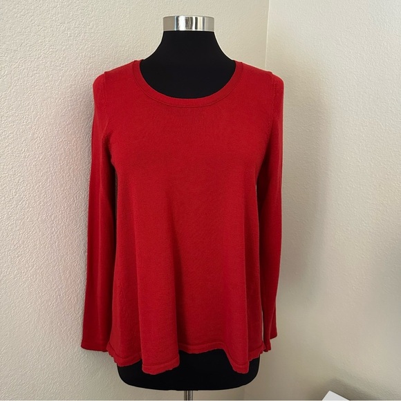 Eileen Fisher Merino Wool Vibrant Red Bell Hem Knit Tunic Sweater Size L/P - Picture 1 of 12
